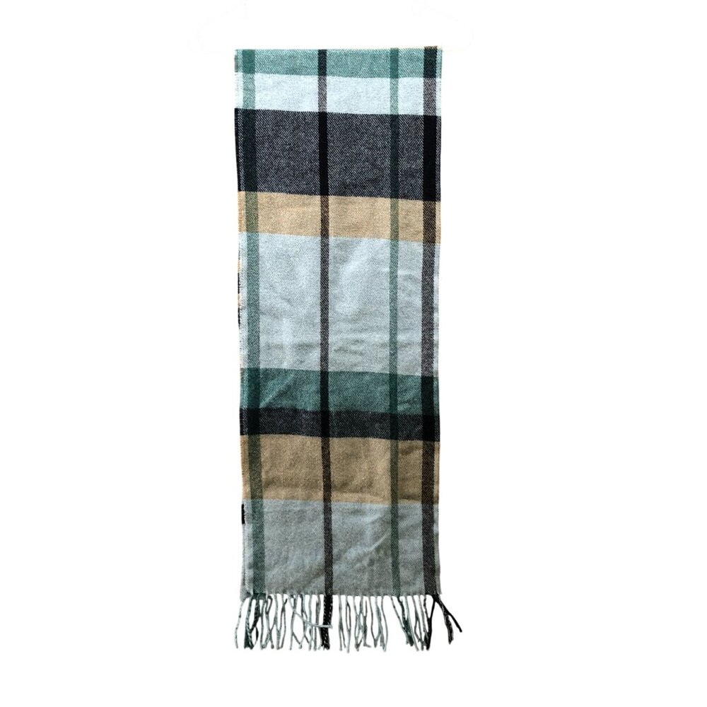 Italian Woolen Treasures 100% Wool Scarf Light Blue Fringe Rectangle Mens Plaid‎